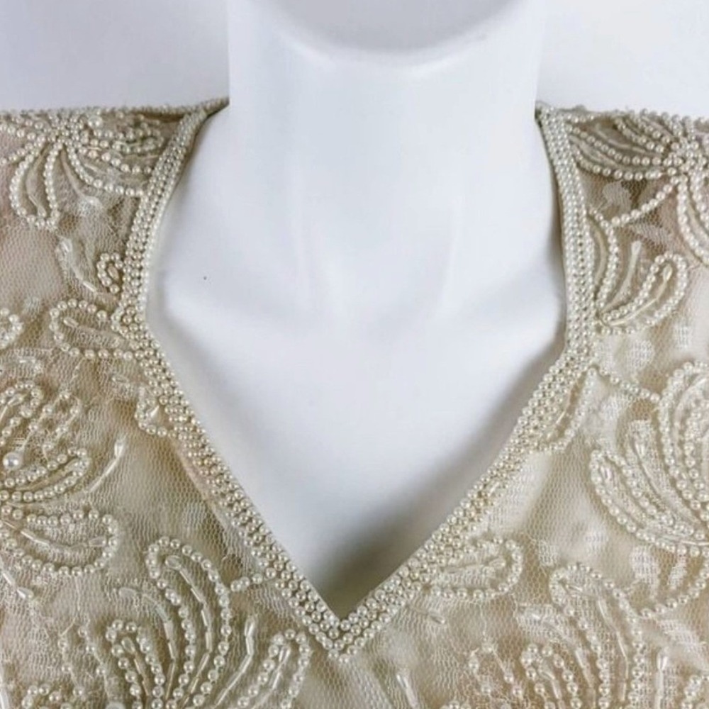 Vintage Ivory Lace Beaded Pearl Blouse XL Scalloped Hem V-Neck Formal Top - Picture 6 of 8